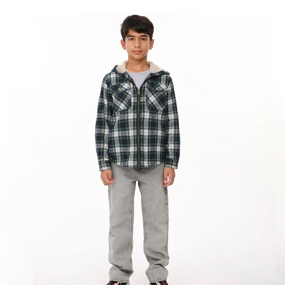 ThCreasa Boys Plaid Flannel‎ Sherpa Zip Up LS Jacket Green L (10-12) NWT IN PKG